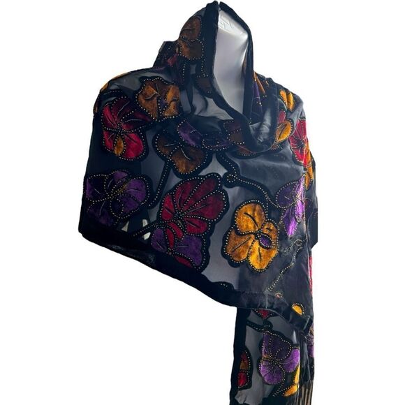 Black Velvet Scarf/Shawl Shoulder Cover Up Rectangle W/Fringe Floral Beaded - Picture 3 of 10
